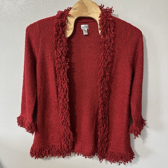 CHICOS Size 1/Large Red Wool Blend Fringe Cardigan Sweater Textured Holiday - Picture 1 of 7